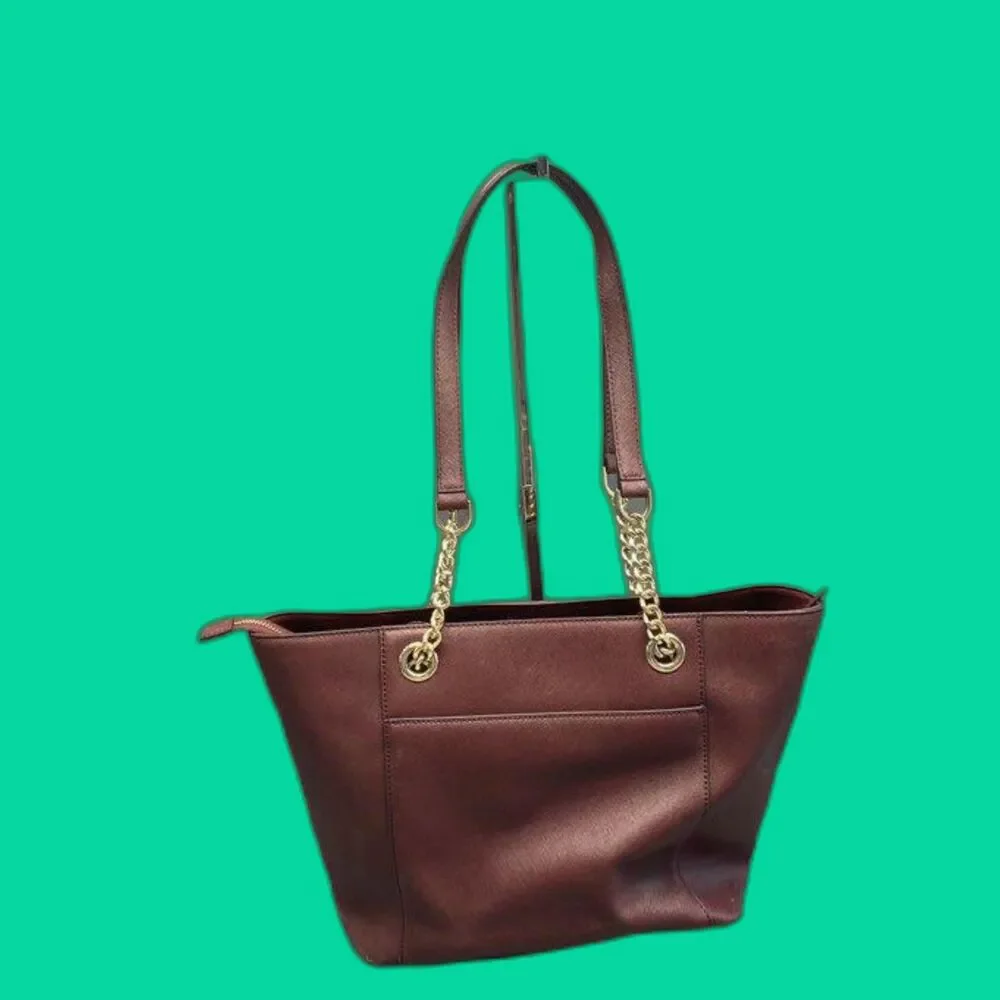 Calvin Klein Burgundy Saffiano Leather Top Zip Bag with Synthetic Trim